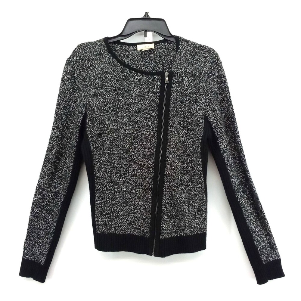 LOFT Sweater Jacket Women Medium Gray Full Zip Long Sleeve Heavy Knit Black Trim